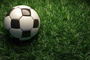 ai generiert Fußball Ball Muster auf Grün Gras realistisch 3d Rendern Konzept foto