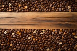 ai generiert Kaffee Bohnen auf rustikal Holz, perfekt zum Jahrgang thematisch Hintergründe foto