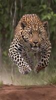 ai generiert wild Eleganz mächtig Leopard im voll schreiten inmitten üppig Wald Vertikale Handy, Mobiltelefon Hintergrund foto