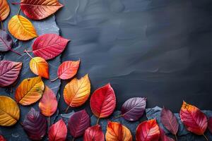 ai generiert farbig Laub Herbst Blätter auf Schiefer, oben Sicht, mit Kopieren Raum foto