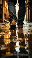 ai generiert städtisch Nachwirkungen nass Füße Stehen im ein Pfütze Post schwer Regen Vertikale Handy, Mobiltelefon Hintergrund foto