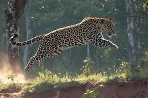 ai generiert Urwald Sprint Aktion Schuss von ein Leopard Laufen im das Wald foto