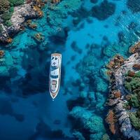 ai generiert Segeln Schönheit oben Nieder Aussicht von ein Yacht in der Nähe von ein Koralle Riff zum Sozial Medien Post Größe foto