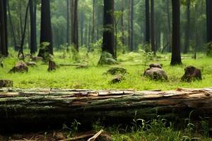 ai generiert Stück von Log inmitten üppig Grün im ein heiter Wald foto