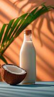 ai generiert exotisch trinken isoliert Kokosnuss Milch Flasche auf ein bunt Hintergrund Vertikale Handy, Mobiltelefon Hintergrund foto