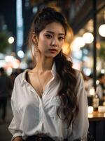 ai generiert asiatisch Mädchen mit lang, dunkel Haar und ein Weiß Hemd im ein lebhaft, gut beleuchtet städtisch Bereich beim Nacht foto