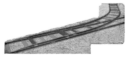 das Decauville entgleisen zu sofort verbinden ein Hilfs- Fahrbahn auf irgendein Punkt von ein bestehender Pfad ohne Schneiden, Jahrgang Gravur. foto