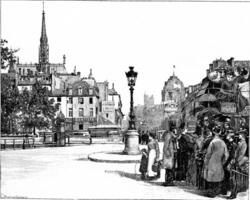 Platz und pont Saint-Michel, Jahrgang Gravur. foto