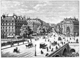 das Brücke, das Platz und das Boulevard Saint-Michel, Jahrgang Gravur. foto