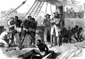 Sklaverei im Afrika. das Vertrag, Jahrgang Gravur. foto