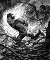 das Folter von Papua. diese Mann ist geschoben im das Mitte von Dornen entzündet, Jahrgang Gravur. foto