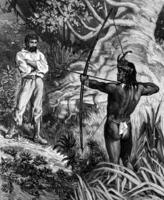 Robinson crusoe das Guyana. ein Rothaut erschien gedehnt seine Bogen, Jahrgang Gravur. foto