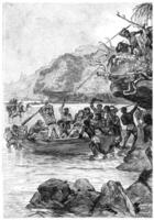 Kapitän John war angegriffen durch das Eingeborene, Jahrgang Gravur. foto
