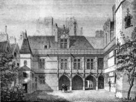 Hotel de cluny, im Paris, Innerhalb das Hof, Jahrgang Gravur. foto