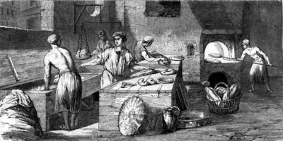 ein Bäckerei im das achtzehnten Jahrhundert, Jahrgang Gravur. foto
