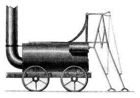 Beine Lokomotive, Brunton 1813, Jahrgang Gravur. foto