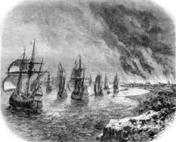 Juni 1667, das Niederländisch Flotte Transparenz Feuer im das Themse, Jahrgang Gravur. foto