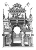 Triumph Tor mit ernst Wer spart Belgien von Diskordie, 1594, Jahrgang Illustration. foto