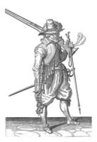 Soldat tragen seine Muskete auf seine links Schulter, Jahrgang Illustration. foto