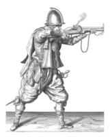 Soldat leitet und Feuer das Ruder, Jahrgang Illustration. foto