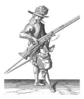 Soldat korrekt Positionierung und Gestaltung das Docht auf das Schwanz von seine Muskete, Jahrgang Illustration. foto