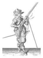Wächter Soldat halten seine Muskete mit seine richtig Hand, Jahrgang Illustration. foto