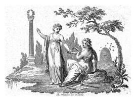 Landschaft mit ein Laute spielen Frau und ein Frau zeigen zu ein klassisch Spalte, reiner Vinkeles ich, 1751 - - 1816 foto