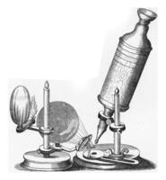 Mikroskop mit künstlich Beleuchtung von das Tabelle das Zielsetzung, Jahrgang Gravur. foto