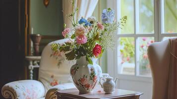 ai generiert Frühling Blumen im Jahrgang Vase, schön Blumen- Anordnung, Zuhause Dekor, Hochzeit und Florist Design foto