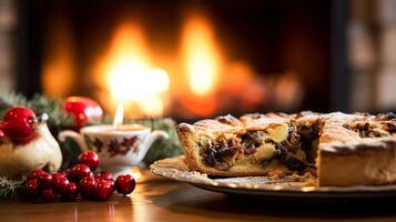 ai generiert Weihnachten Kuchen, Urlaub Rezept und Zuhause Backen, Mahlzeit zum gemütlich Winter Englisch Land Abendessen im das Hütte, hausgemacht Essen und britisch Küche foto