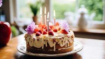 ai generiert hausgemacht Geburtstag Kuchen im das Englisch Landschaft Haus, Hütte Küche Essen und Urlaub Backen Rezept foto