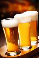 ai generiert Brille von kalt Bier mit Schaum, Pint von Original Prämie Bier trinken, Alkohol Geschmack und Urlaub Feier foto