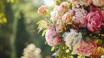 ai generiert Hochzeit Dekoration mit Pfingstrosen, Blumen- Dekor und Veranstaltung Feier, Pfingstrose Blumen und Hochzeit Zeremonie im das Garten, Englisch Land Stil foto