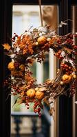ai generiert Herbst Kranz Dekoration, Herbst Urlaub Jahreszeit im das Englisch Landschaft Stil, botanisch herbstlich Dekor foto