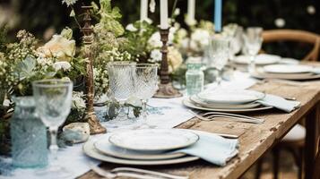 ai generiert Tabelle Dekor, Urlaub Tischlandschaft und Abendessen Tabelle Rahmen im Landschaft Garten, formal Veranstaltung Dekoration zum Hochzeit, Familie Feier, Englisch Land und Zuhause Styling foto