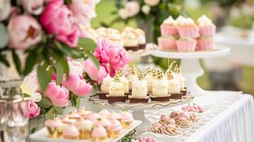 ai generiert Hochzeit Dekoration mit Pfingstrosen, Blumen- Dekor und Veranstaltung Feier, Pfingstrose Blumen und Hochzeit Zeremonie im das Garten, Englisch Land Stil foto