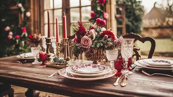 ai generiert Valentinsgrüße Tag Tischlandschaft und Tabelle Dekor, romantisch Tabelle Rahmen mit Blumen, formal Abendessen und Datum, schön Besteck und Geschirr foto