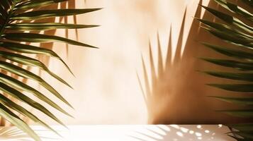 ai generiert tropisch Hintergrund zum ein Produkt Platzierung, Palme Baum Blätter und Sonnenlicht Schatten auf das Wand, minimalistisch botanisch Hintergrund, Palmen auf ein heiß sonnig Tag, generativ ai foto