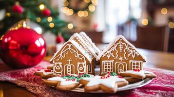 ai generiert Weihnachten Lebkuchen Haus, Urlaub Rezept und Zuhause Backen, Süss Dessert zum gemütlich Winter Englisch Land Tee im das Hütte, hausgemacht Essen und Kochen foto