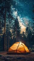 ai generiert Nacht Himmel Camping, Zelt unter Sterne, milchig Weg sichtbar foto