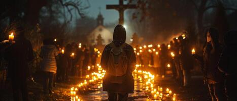 ai generiert Kerze halten Anhänger beim Nacht Mahnwache, Kirche Kreuz silhouettiert foto