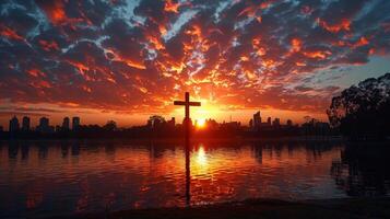 ai generiert Sonnenaufgang Kreuz Silhouette gegen dramatisch Himmel, Emblem von gut Freitag Erneuerung foto