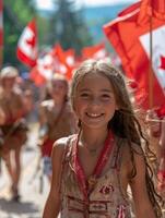 ai generiert Victoria Tag Parade gefüllt mit marschieren Bands, historisch Kostüme, kanadisch Flaggen, Gemeinschaft Stolz, unter sonnig Himmel. foto