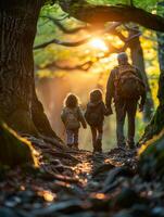 ai generiert Familie erkunden uralt Bäume während ein Natur gehen, lehrreich und Verbindung Erfahrung, üppig Wald Hintergrund, Mittag Licht foto