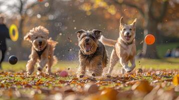 ai generiert Hunde beim das Park, jagen fliegend Scheiben und Bälle während spielen bringen, gefangen im ein Aktion Schuss. foto