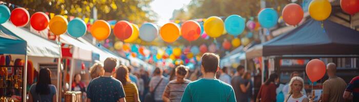 ai generiert Straße Essen und Markt während Victoria Tag, Gemeinschaft Festival, Luftballons, Flaggen, vielfältig, froh Öffentlichkeit Urlaub. foto