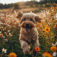 ai generiert aufgeregt Hund Grenzen glücklich zu es ist Mensch im ein Wiese, ein herzerwärmend Wiedervereinigung im Natur. foto