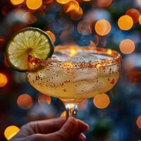 ai generiert Hand halten ein eisig Margarita mit Limette Keil gegen ein beschwingt cinco de Mayo Party Hintergrund. foto