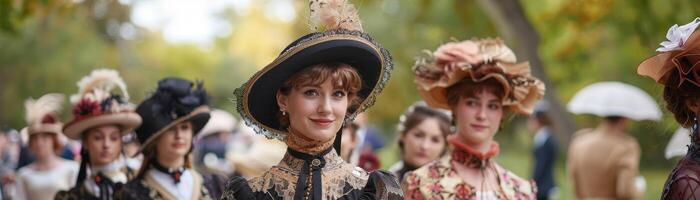 ai generiert Erfahrung Eleganz und Kreativität beim ein viktorianisch Mode Show während ein Victoria Tag Fall, feiern historisch Kostüme und kulturell Anerkennung. foto