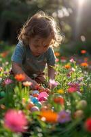 ai generiert Ostern Ei Entdeckung im Blumen- Frühling Einstellung, Freude entfaltet foto